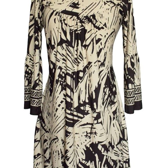 Enfocus Studio Dark Chocolate/Off-White Abstract Knee Length Long Sleeve Dress, - Picture 2 of 13